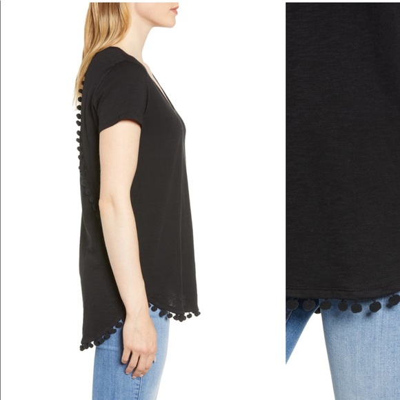 Caslon Pom Tee Black Short Sleeve Scoop Women Top - Picture 3 of 6